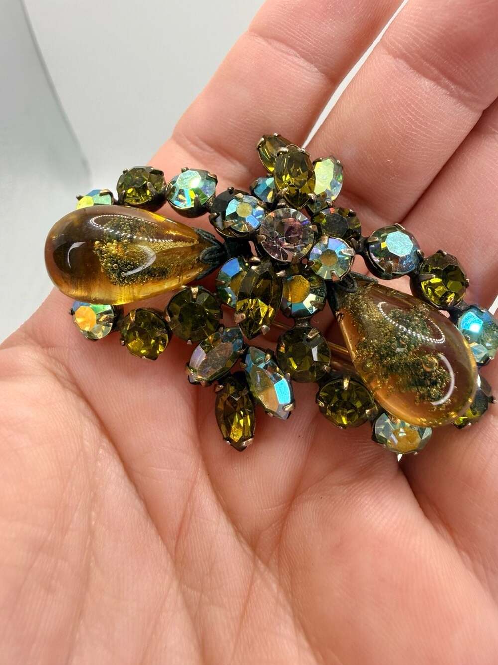 Regency Jewels Amber And Green Rhinestone Brooch Pin